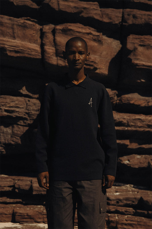 Gijs Jacquard L/S Polo Pirate Black